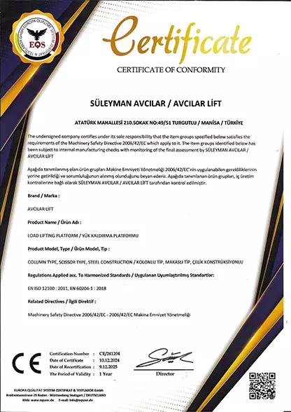 Kolonlu Makaslı Yük Kaldırma Platformu CE Uygunluk Belgesi Üretici firma: AVCILAR LIFT Ürün adı: Kolonlu Makaslı Yük Kaldırma Platformu Uygulanan yönetmelikler: 2014/35/AB ve 2006/42/AT Sertifika no: NT-UB-1360